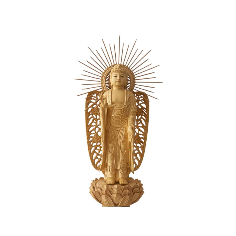 仏教美術　柘植彫刻　西立弥陀像　仏像　華鬘台　C　8845 仏像 西立弥陀 柘植 六角鬼面麒麟台座 西型光背 眼入 仏切金 5.0寸