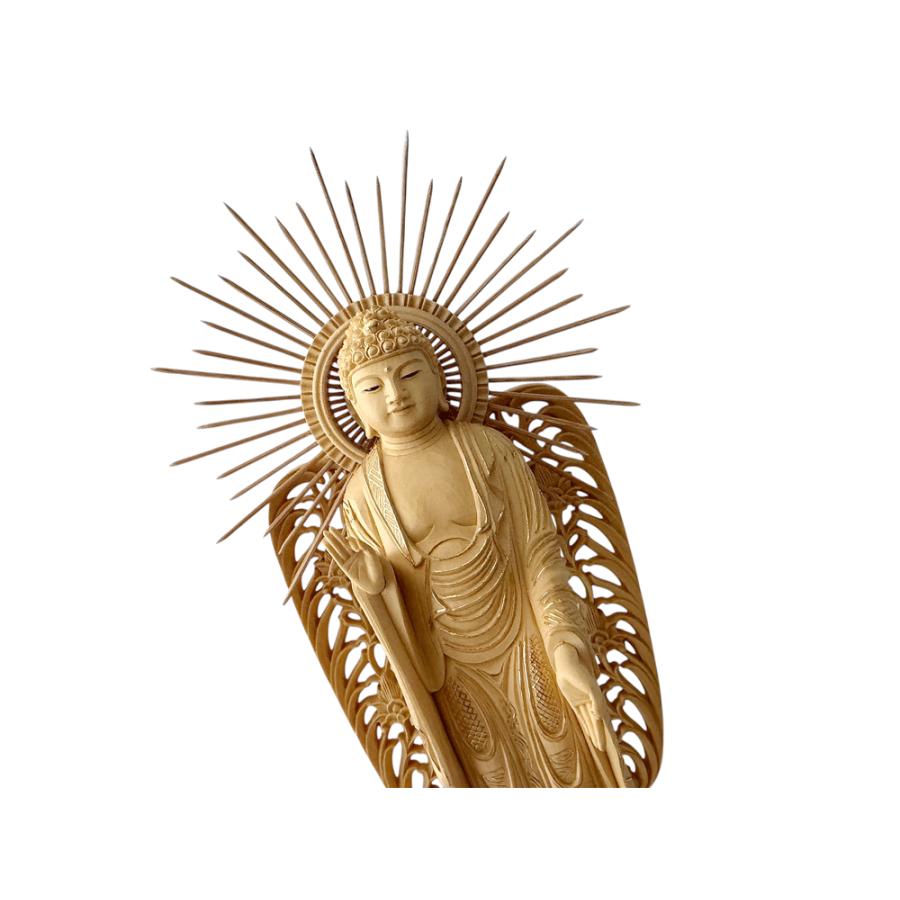 仏像 西立弥陀 柘植 六角鬼面麒麟台座 西型光背 眼入 仏切金 5.0寸
