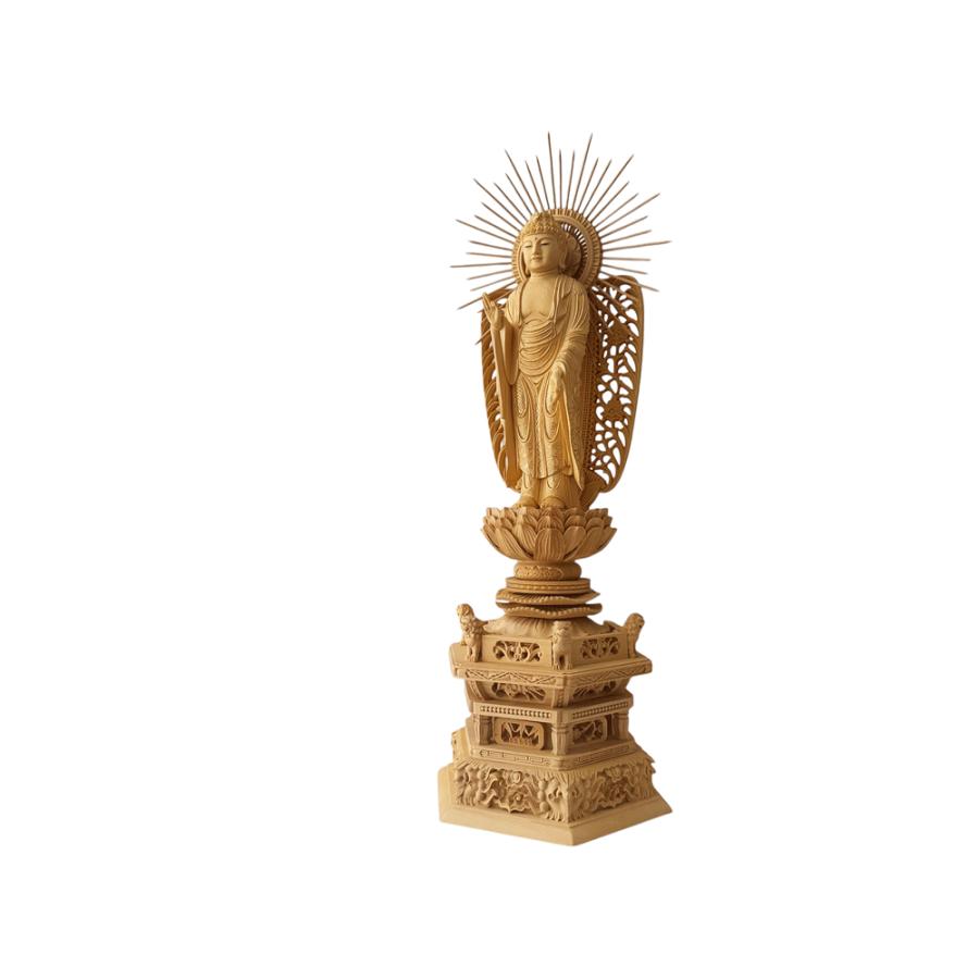 仏像 西立弥陀 柘植 六角鬼面麒麟台座 西型光背 眼入 仏切金 5.0寸