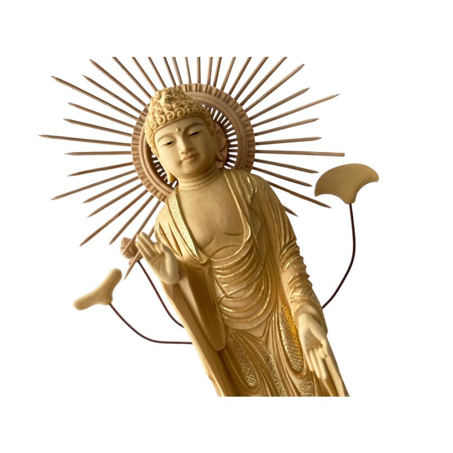 仏像 東立弥陀 柘植 六角鬼面麒麟台座 東型光背 眼入 仏切金 4.0寸 仏具 真宗大谷派 東_1