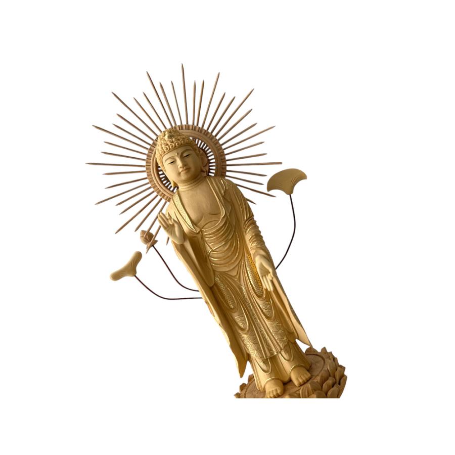 仏像 東立弥陀 柘植 六角鬼面麒麟台座 東型光背 眼入 仏切金 4.0寸 仏具 真宗大谷派 東_2