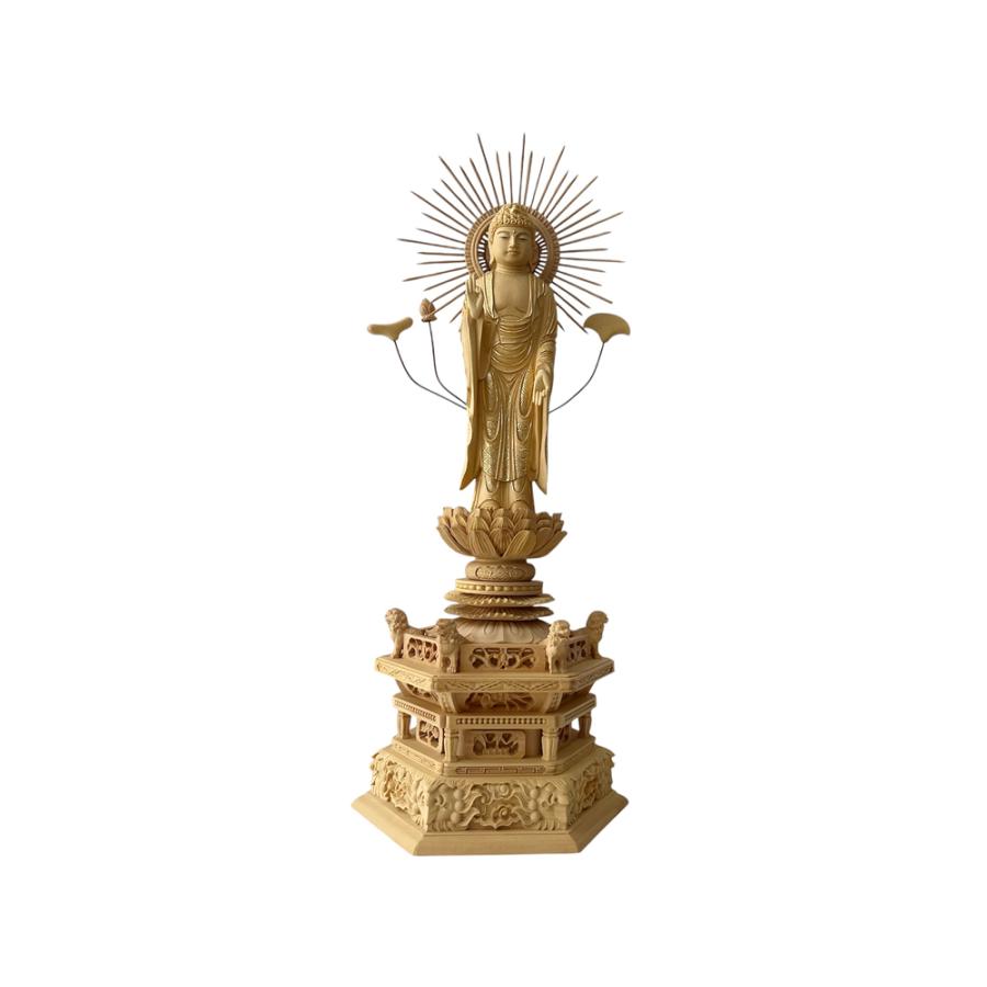 仏像 東立弥陀 柘植 六角鬼面麒麟台座 東型光背 眼入 仏切金 4.0寸 仏具 真宗大谷派 東_4