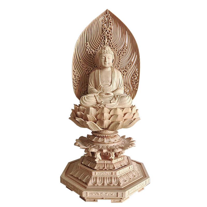 仏像 柘植 八角台座 座釈迦 水煙光背 1 8寸 木彫 クラシック