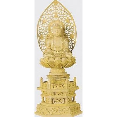 仏像 座弥陀 柘植 六角台座 唐草光背 金泥書 2.5寸 阿弥陀 天台宗