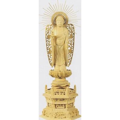 仏像 西立弥陀 柘植 六角台座 西立弥陀 西型光背 金泥書 4.5寸 仏具 浄土真宗本願寺派 西