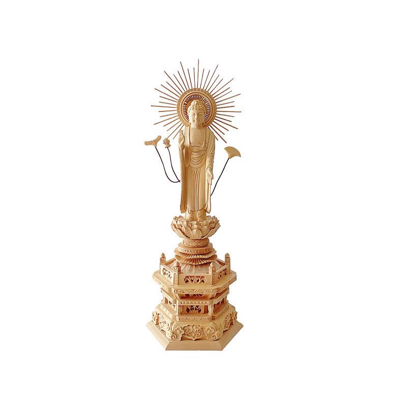 仏像 東立弥陀 柘植 六角台座 東型光背 金泥書 4.5寸 仏具 木製 真宗