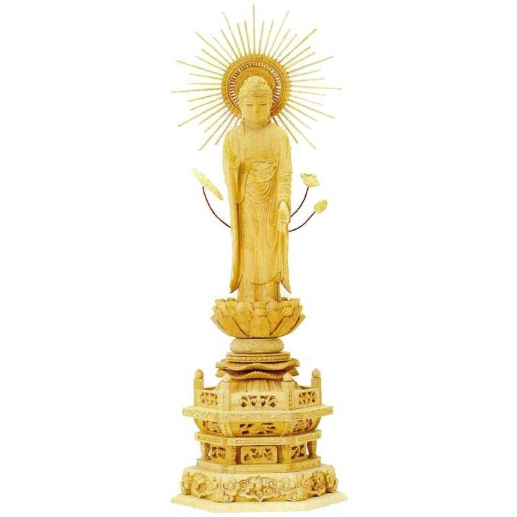 仏像 東立弥陀 柘植 六角台座 東型光背 金泥書 5.0寸 仏具 木製 真宗大谷派 東