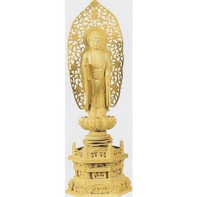 仏像 舟立弥陀 柘植 六角基礎 唐草光輪 金泥書 5.0寸 阿弥陀 浄土宗 楽器、手芸、コレクション-美術、工芸品-仏像