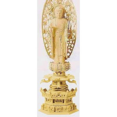 仏像 舟立弥陀 柘植 六角基礎ケマン付 飛天光輪 金泥書 4.0寸 浄土宗 阿弥陀 仏像-美術、工芸品-楽器、手芸、コレクション