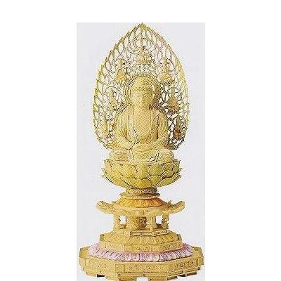 仏像 座釈迦 柘植 切金淡彩 八角台座 飛天光背 2.5寸 釈迦如来