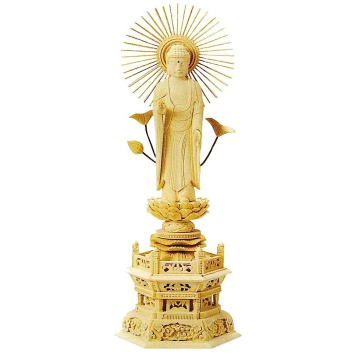 仏像 東立弥陀 総ヒノキ 六角台座 金泥書 5.0寸 仏具 白木 真宗大谷派 東