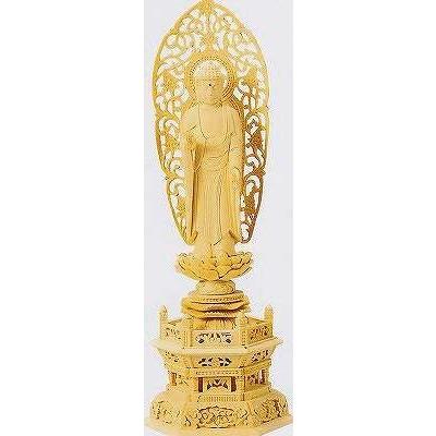 仏像 舟立弥陀 総ヒノキ 六角台座 金泥書 5.0寸 仏具 白木 阿弥陀