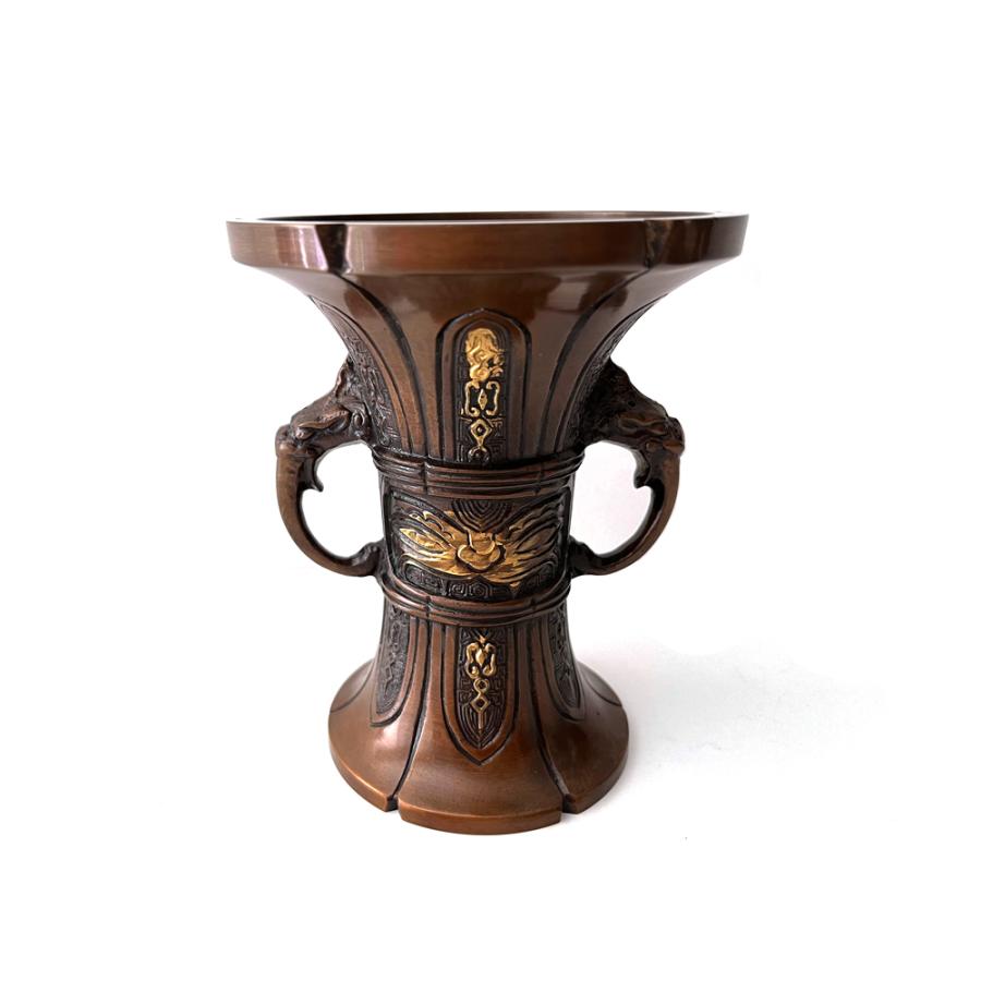 1904  春甫造　古銅　仏具 木瓜菖蒲型五具足　火立2客　花立2客　香炉1客 国産 木瓜菖蒲型五具足 仏具セット 3.0寸 浄土真宗本願寺派 西 仏具