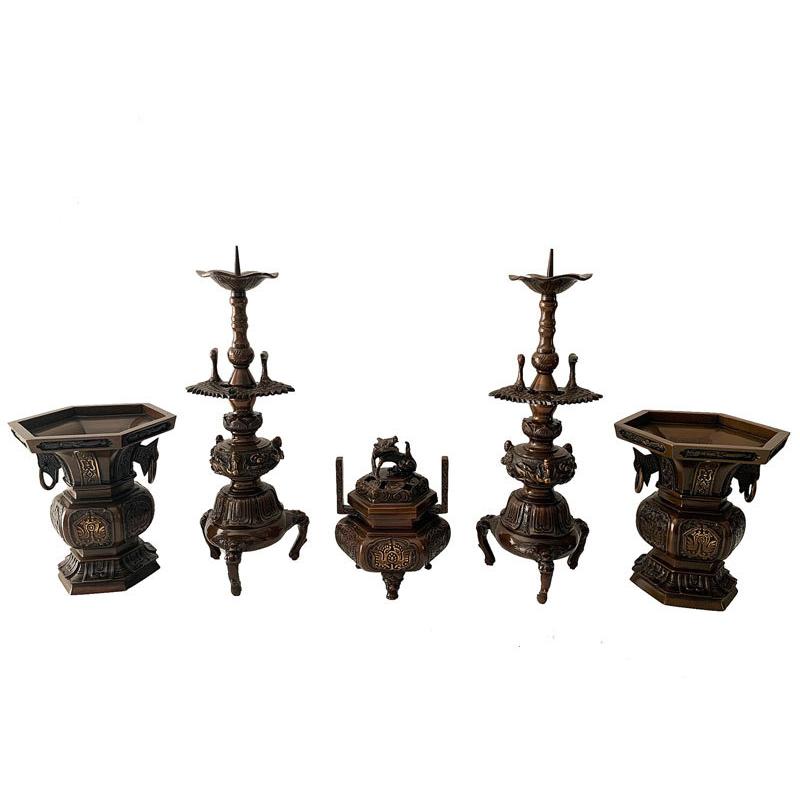 六角伝来型五具足 仏具セット 5.0寸 浄土真宗本願寺派 西 仏具 六角菖蒲