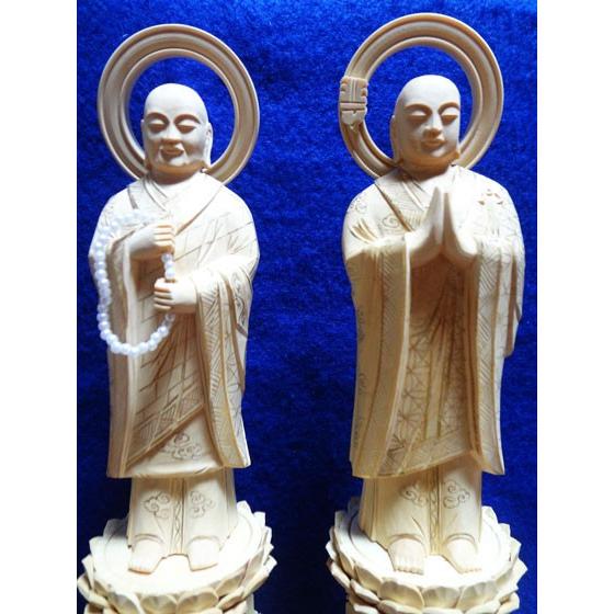 仏像 法然上人 善導大師 両大師 総柘植 金泥書 3.5寸 仏具 浄土宗 ツゲ