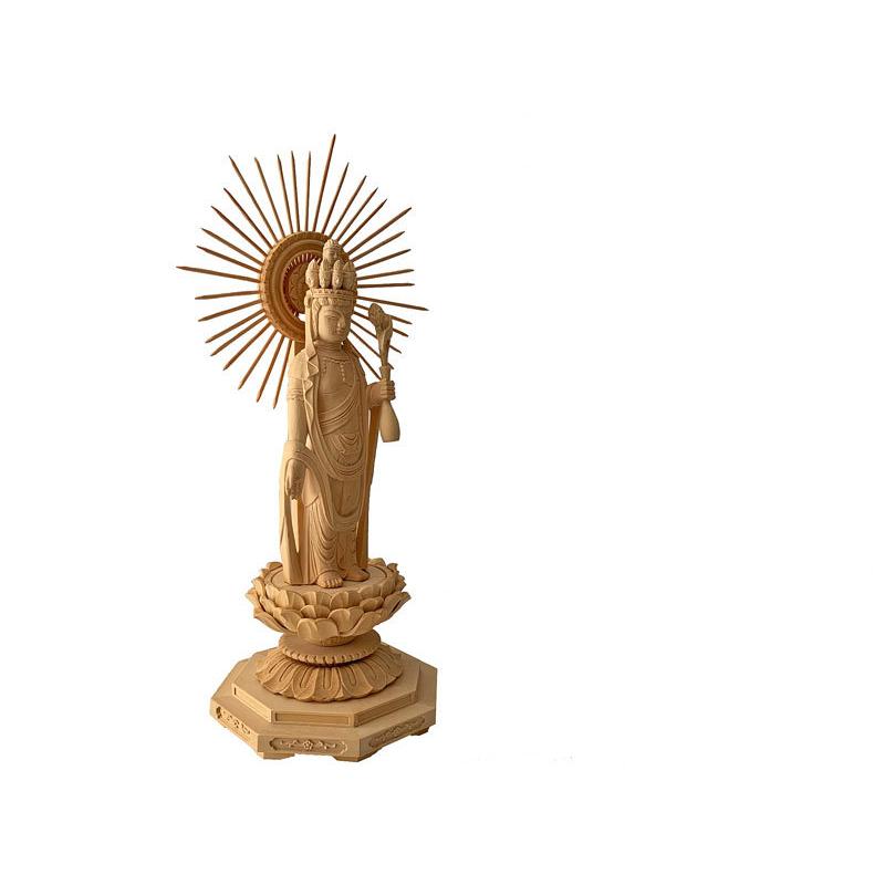 仏像 十一面観音 櫛光背 総柘植 八角台座 3.5寸 木彫 【公式通販】