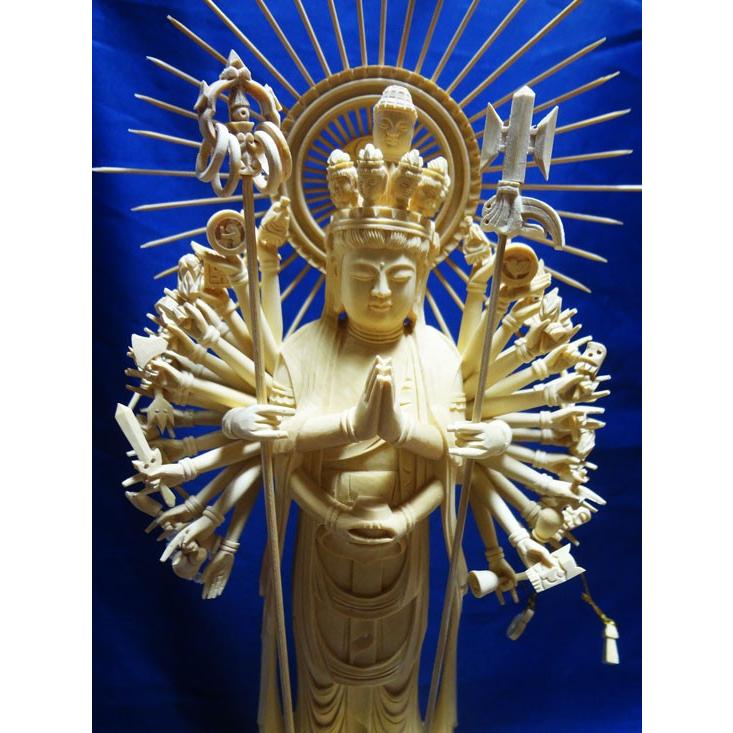 仏像 十一面千手観音 総柘植 八角台座 櫛光背 4.0寸_1
