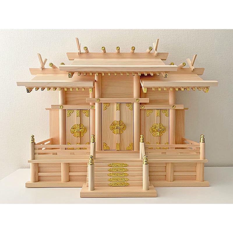 神棚セット 神棚 神殿 屋根違い三社 大 神具一式セット ひのき : 仏壇