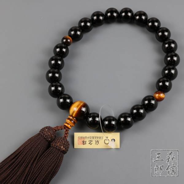 森信三郎商舗 数珠 男性用 黒檀 (艶有り) 22玉 虎目石仕立 正絹房(房色