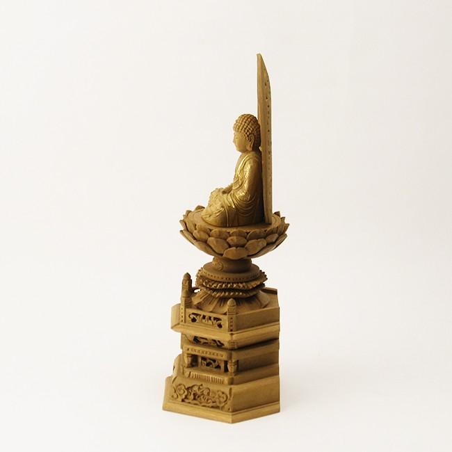 仏像 座釈迦如来 ２寸 楠 六角台座 金泥書 高さ25.6×幅11.5×奥行8.6cm_3