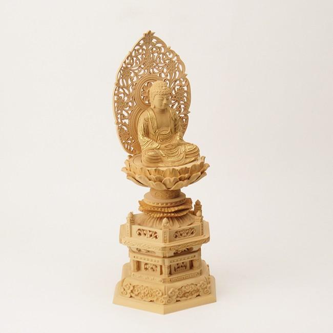 仏像 座釈迦如来 2.5寸 柘植 六角台座 金泥書 高さ30.2×幅13.6×奥行