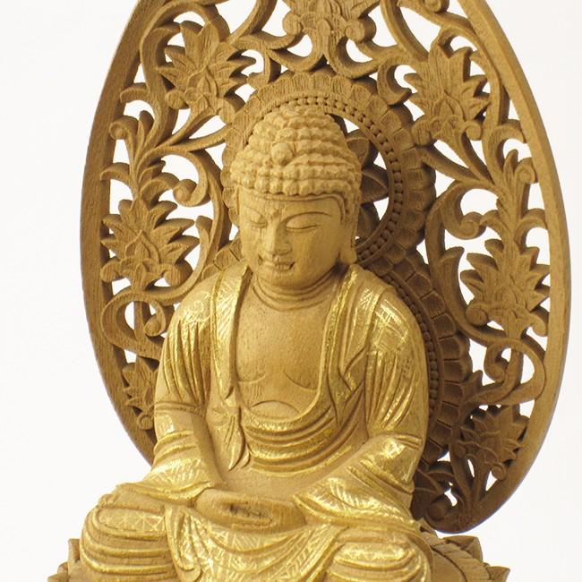 仏像 座釈迦如来 3.5寸 楠 六角台座 金泥書 高さ41.0×幅18.5×奥行