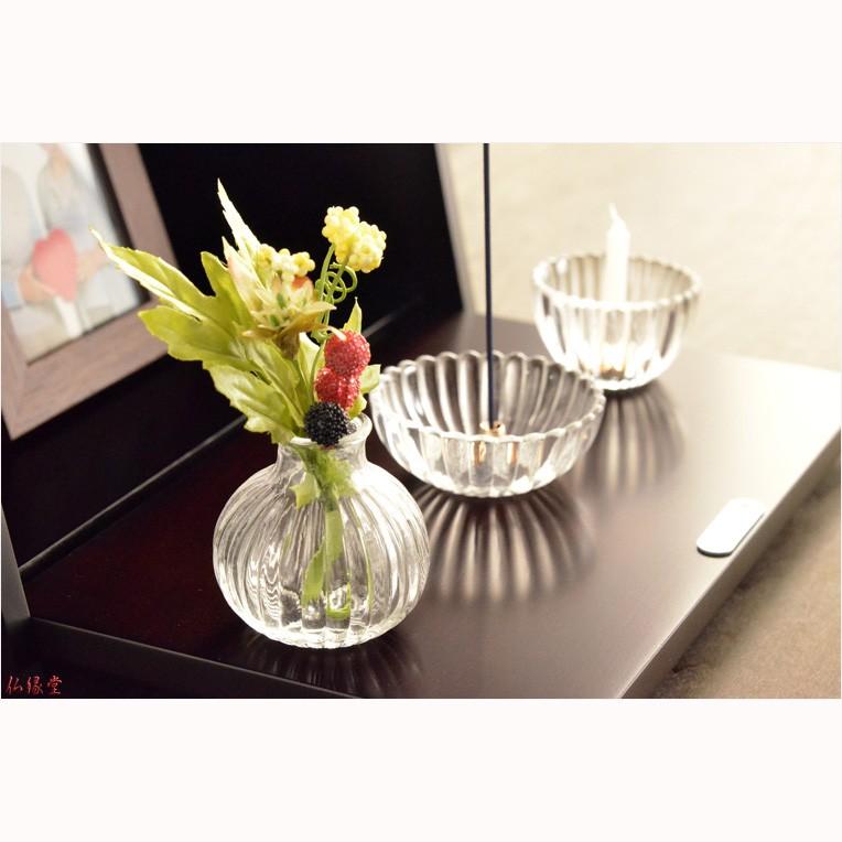 モダン仏具【ガラス製三具足:菊花 花立て+香炉+火立て】仏壇 モダン仏具【ガラス製三具足:菊花 花立て+香炉+火立て】仏壇