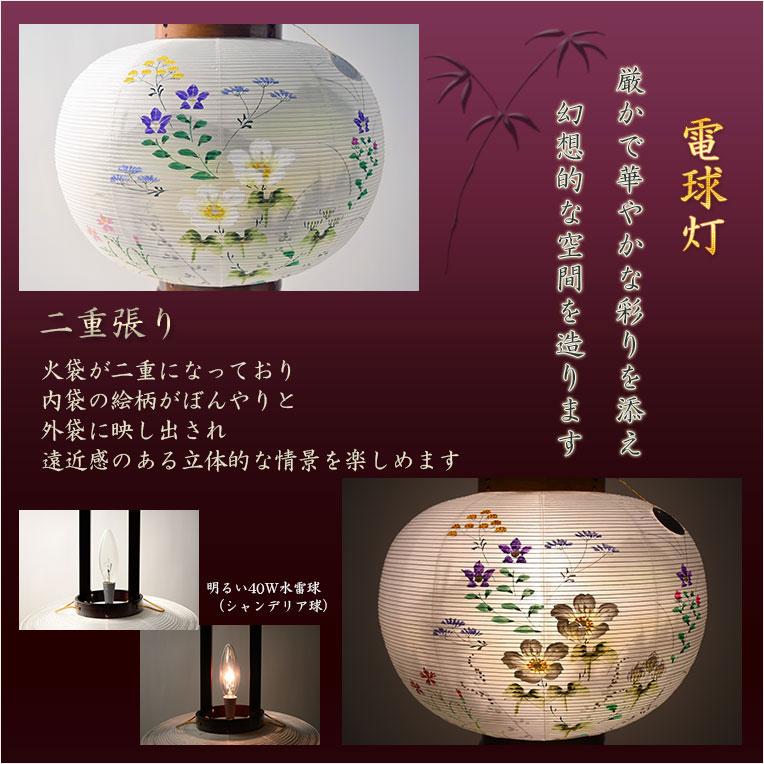 特選限定品　お盆提灯【八女提灯：天然木桜塗り仕上げ　本絹二重張り　電球灯　遠山に望む五重塔　11号】送料無料_3