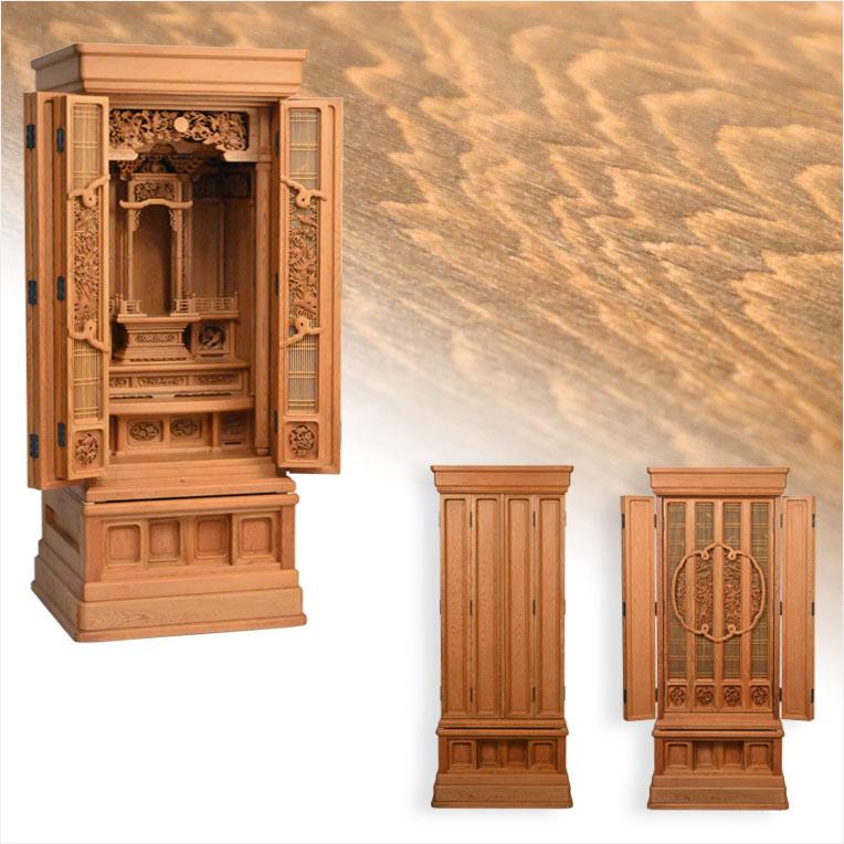 国産仏壇 伝統型極上仏壇 屋久杉総練り（四方練り）：無垢欄間彫刻