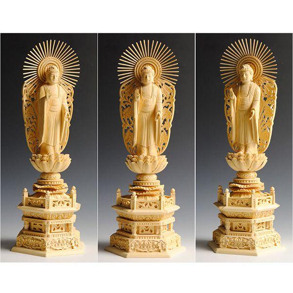 総檜（ヒノキ）：阿弥陀如来 六角唐草光背仏像3.5寸】浄土真宗本願寺派