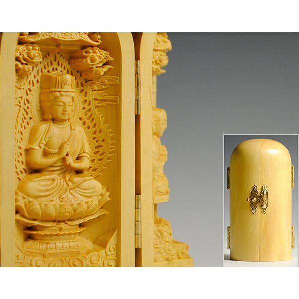 仏像】総柘植【真言宗三尊・大日如来・弘法大師・不動明王】三開 仏像】総柘植【真言宗三尊・大日如来・弘法大師・不動明王】三開
