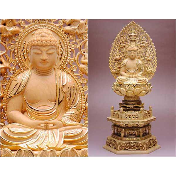 仏像】貫禄が違います【総柘植材・切金・六角】飛天光背阿弥陀如来3.0