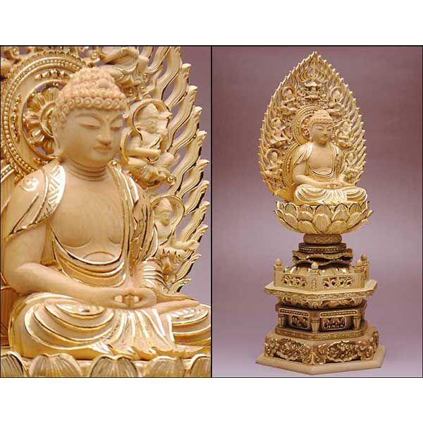 仏像】貫禄が違います【総柘植材・切金・六角】飛天光背阿弥陀如来3.0