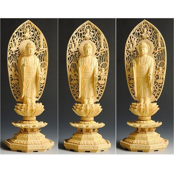 仏像 浄土宗舟形阿弥陀如来 総柘植 高級彫り八角飛天光背3.0寸 : 仏壇