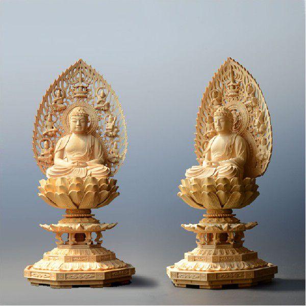 伝統的な日本の仏像 置物 仏像【総柘植材・八角飛天光背仏像：阿弥陀如来2.0寸】天台宗 仏壇用御