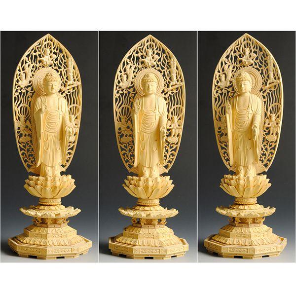 送料無料　時代物　柘植/黄楊　細密彫刻阿弥陀如来立像　高さ33.5ｃｍ 仏像 浄土宗舟形阿弥陀如来 総柘植 高級彫り八角飛天光背3.5寸 : 仏壇