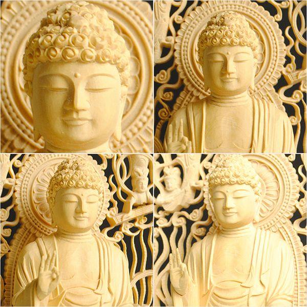 送料無料　時代物　柘植/黄楊　細密彫刻阿弥陀如来立像　高さ33.5ｃｍ 仏像 浄土宗舟形阿弥陀如来 総柘植 高級彫り八角飛天光背3.5寸 : 仏壇