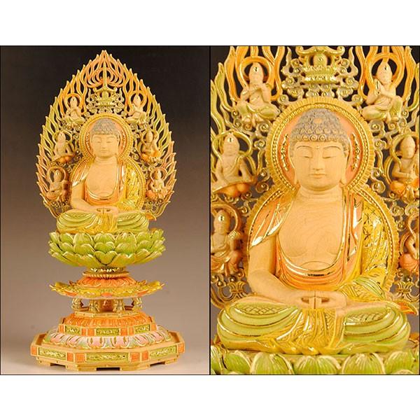 お仏壇用仏像：総柘植八角飛天光背【淡彩切金】阿弥陀如来2.5寸 : 仏壇 