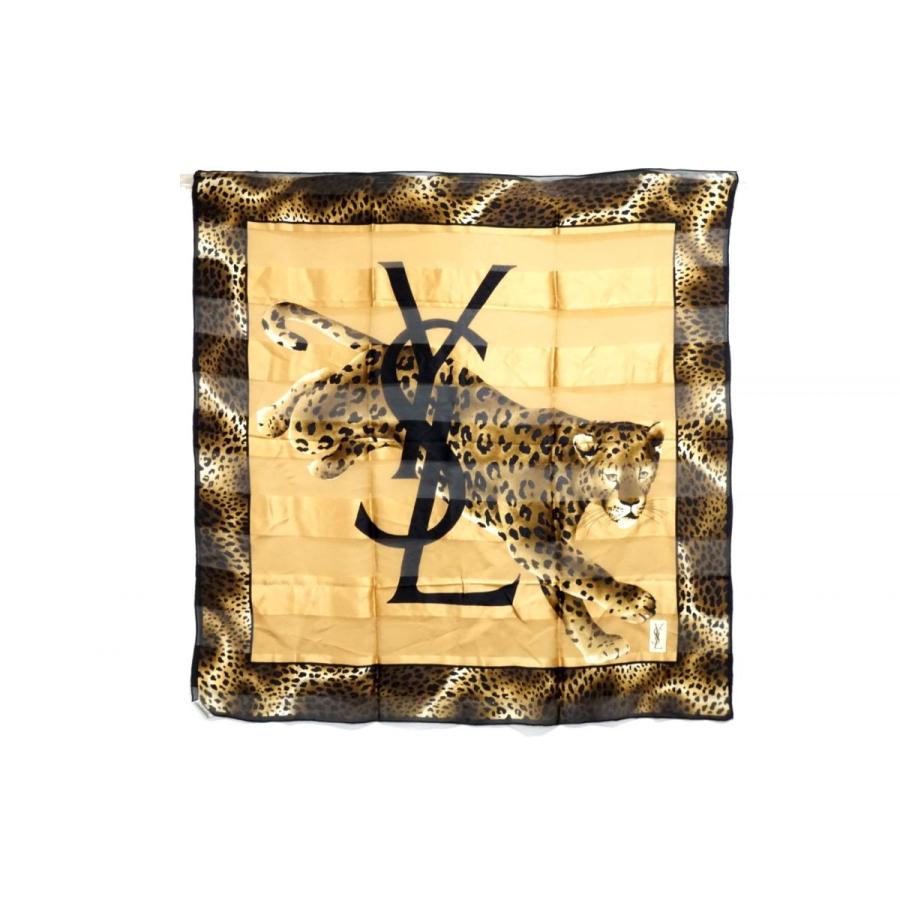 Yves Saint Laurent（イヴ・サンローラン） イヴ サンローラン レオパード ヒョウ柄 大判 スカーフ YSLロゴ シルク ...