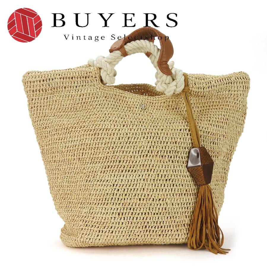 ヘレンカミンスキーラフィアかごバッグ編み込みレザーハンドルラージサイズ