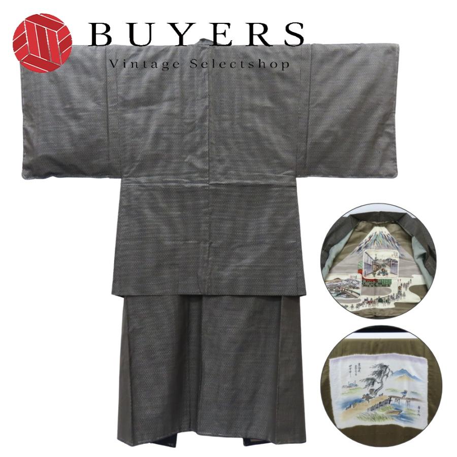 【中古】 着物セット 男着物 大島紬 アンサンブル 正絹 着丈約89cm 裄丈約67cm ブラック カーキ 正絹長襦袢セット 風景画 和装 呉服 和服 きもの メンズ 男性 中古 着物セット 男着物 大島紬 アンサンブル 正絹 着丈約89cm 裄丈約