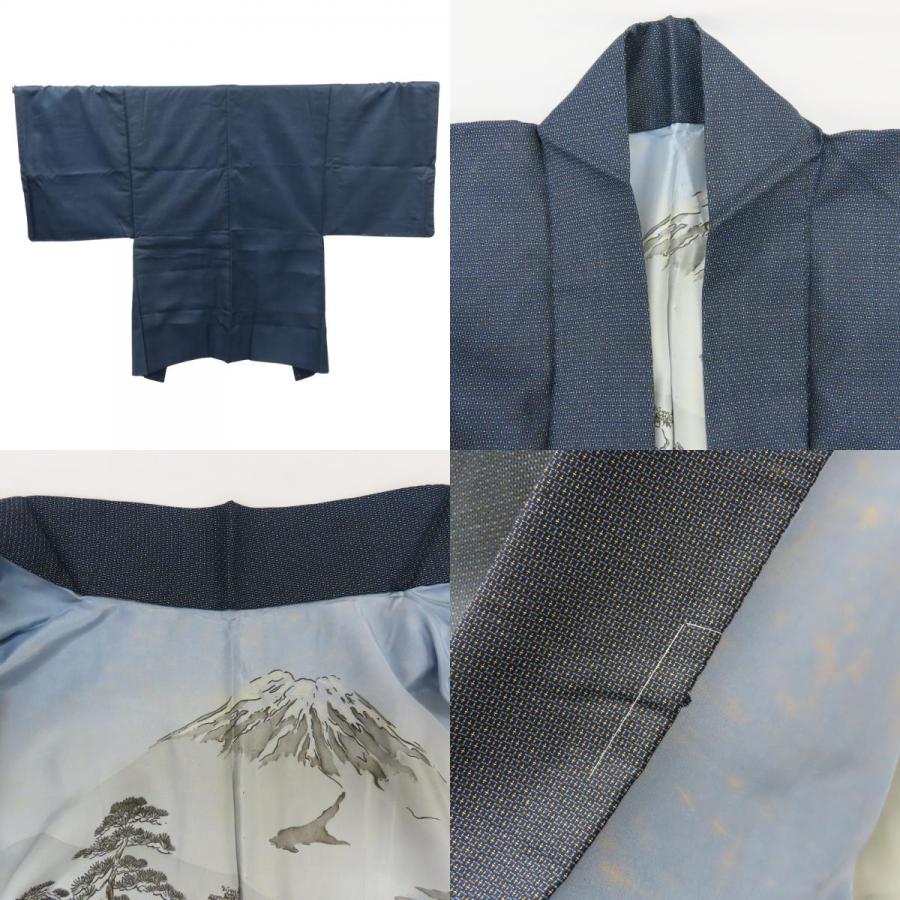 【中古】 着物セット 紬 アンサンブル 正絹 着丈約91cm 裄丈約68cm ネイビー しつけ糸あり 風景画 和装 呉服 和服 きもの メンズ 男性 中古 着物セット 紬 アンサンブル 正絹 着丈約91cm 裄丈約68cm