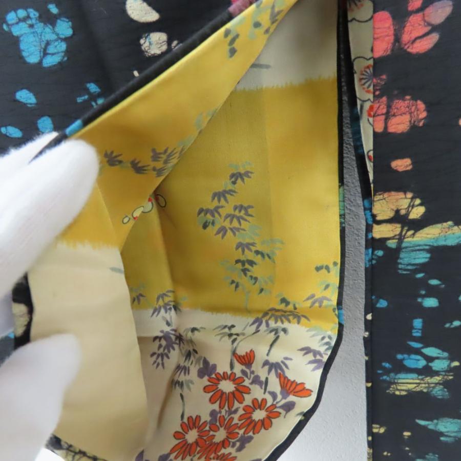 中古 道行・道中 道行コート 正絹 ブラック マルチカラー 古布 お洒落