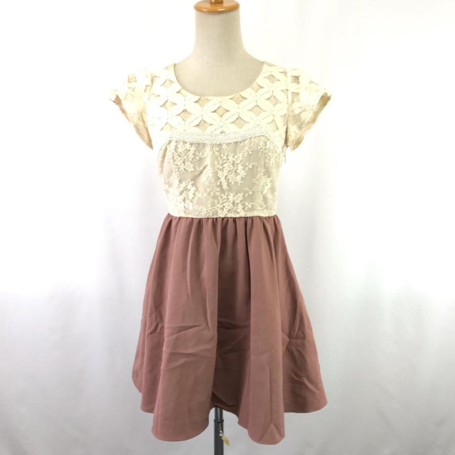 BE RADIANCE【ビーラディエンス】 半袖 ワンピース 【size:F/ミニ丈/アイボリー×ピンク系/花刺繍】スカート切り替え/dress◆BJ006-e | 