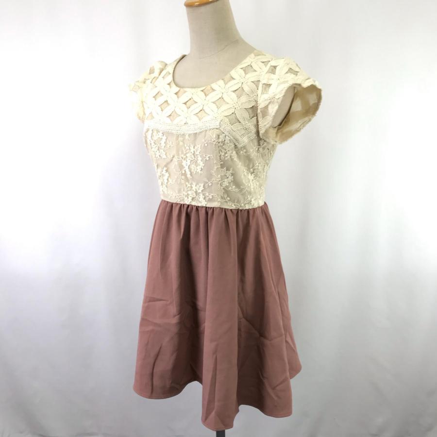 BE RADIANCE【ビーラディエンス】 半袖 ワンピース 【size:F/ミニ丈/アイボリー×ピンク系/花刺繍】スカート切り替え/dress◆BJ006-e |  | 01