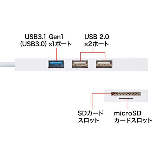 【5個セット】 サンワサプライ USB3.1+2.0コンボハブ カードリーダー付き ホワイト USB-3HC316WNX5_1
