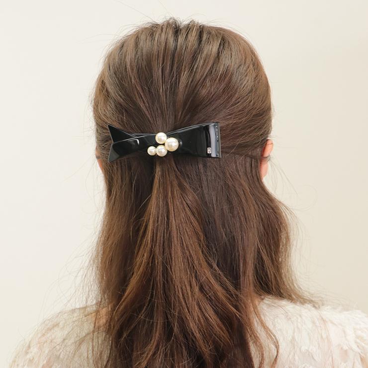 美品 アレクサンドル ヘアバレッタ 黒 パール付き アレクサンドル ドゥ パリ ALEXANDRE DE PARIS 8cm バレッタ aa8-18264