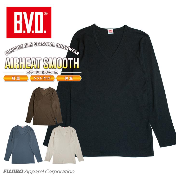 あったかインナー BVD 綿混 軽量 保温 V首長袖Tシャツ エアヒートスムース Vネック メンズ 防寒 アンダーウェア 下着 インナーウェア 肌着 bvd 爆買 | B.V.D