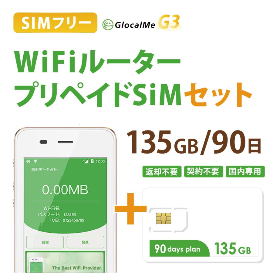 GlocalMe G3 Wifiルーター+プリペイドSIMセット(135GB/90日プラン） 【送料無料】設定契約不要 即日利用可能 ポケットWifi 　長期利用　国内利用