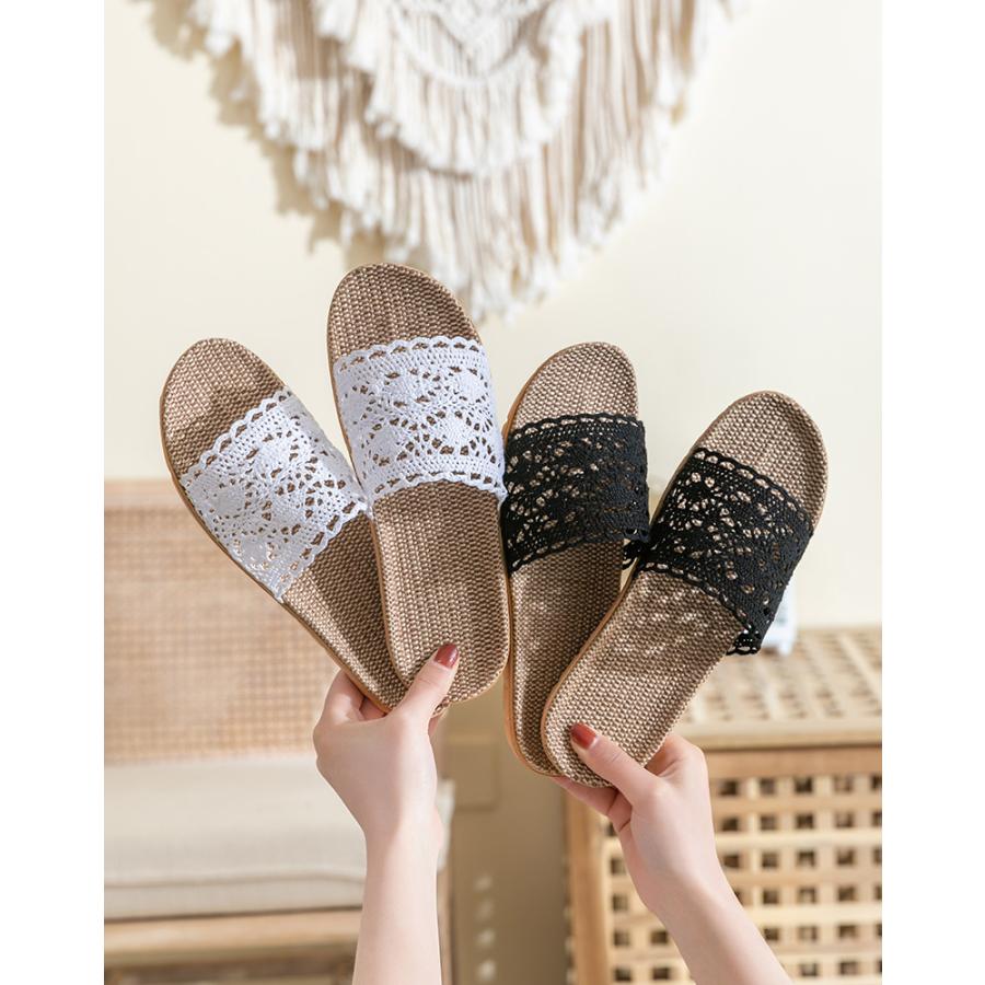 スリッパ サンダル レディース 春用 夏用 おしゃれ かわいい  プレゼント 室内 ルームシューズ 麻素材  洗える ホワイト ベージュ ブラック |  | 11